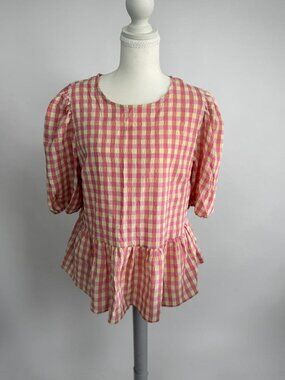 NANETTE LEPORE Pink Yellow Plaid Peplum Top Size Medium